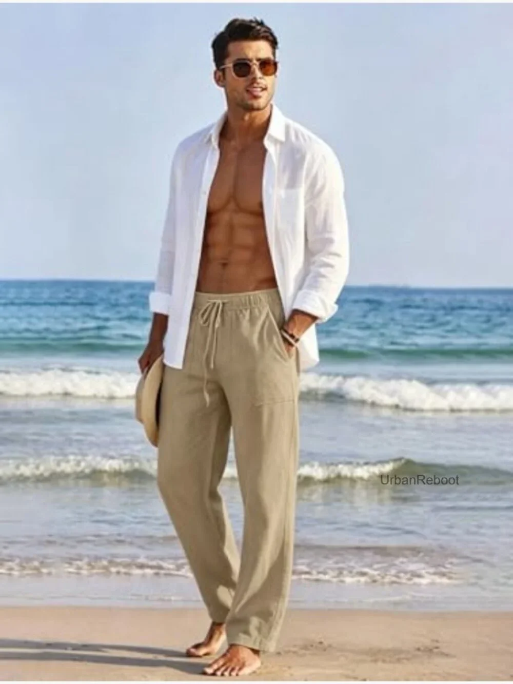 Men's Cotton Linen Casual Loose Fit Drawstring Waist Pants Summer Beach